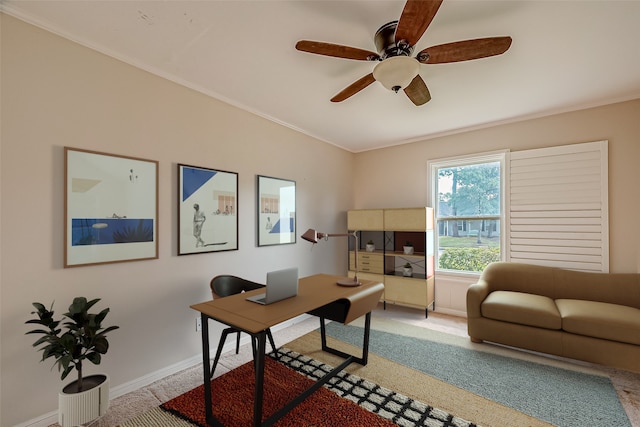 home office with light carpet, ceiling fan, and crown molding