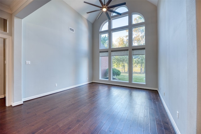 interior space featuring ceiling fan, high vaulted ceiling, and plenty of natural light