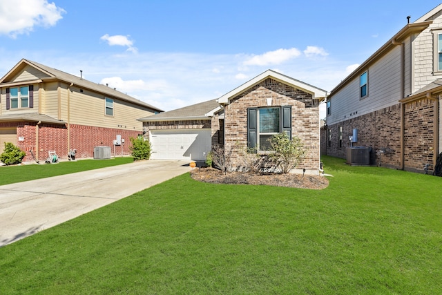 view of front facade featuring a front yard, cooling unit, and a garage