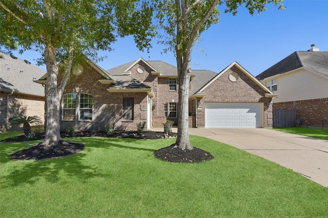 view of front of home with a front lawn and a garage