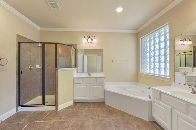 bathroom featuring plus walk in shower, vanity, ornamental molding, and tile patterned flooring