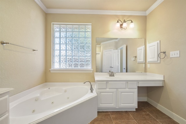 bathroom with vanity, tile patterned floors, a bathtub, and crown molding