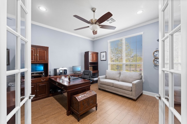 office area with french doors, light hardwood / wood-style floors, ceiling fan, and ornamental molding