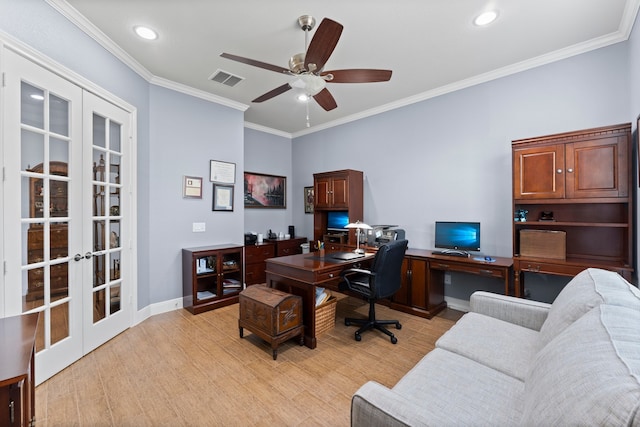 office space with french doors, light hardwood / wood-style floors, and ornamental molding