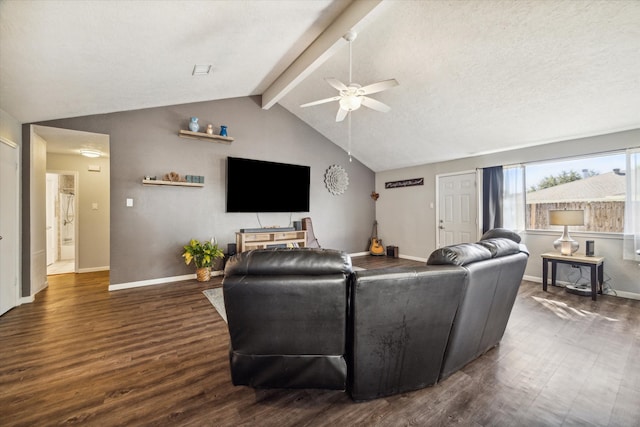 living room featuring ceiling fan, lofted ceiling with beams, a textured ceiling, and dark hardwood / wood-style flooring