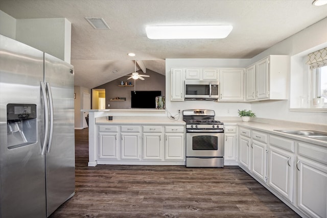 kitchen featuring white cabinetry, stainless steel appliances, and dark hardwood / wood-style flooring