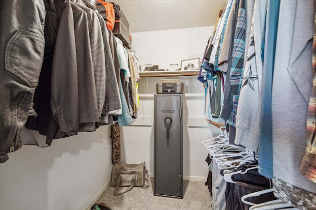 walk in closet with light colored carpet