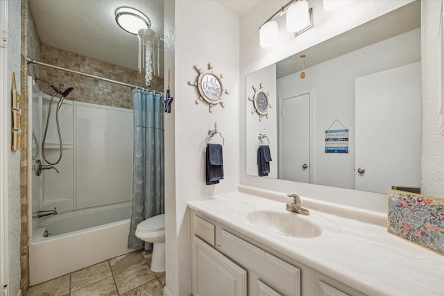 full bathroom featuring shower / tub combo, a textured ceiling, toilet, tile patterned floors, and vanity