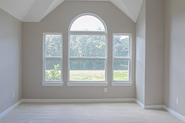 carpeted empty room with a wealth of natural light and lofted ceiling