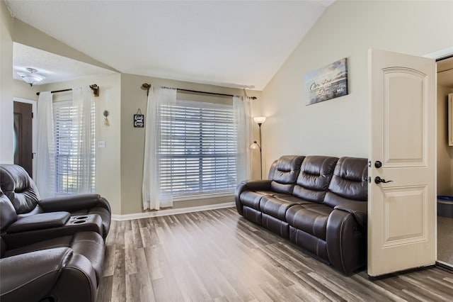 living room featuring hardwood / wood-style flooring and vaulted ceiling