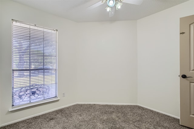 unfurnished room with carpet, a textured ceiling, and ceiling fan