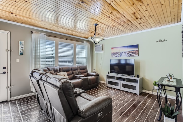 living room featuring crown molding, a wall mounted AC, wood ceiling, and dark hardwood / wood-style floors