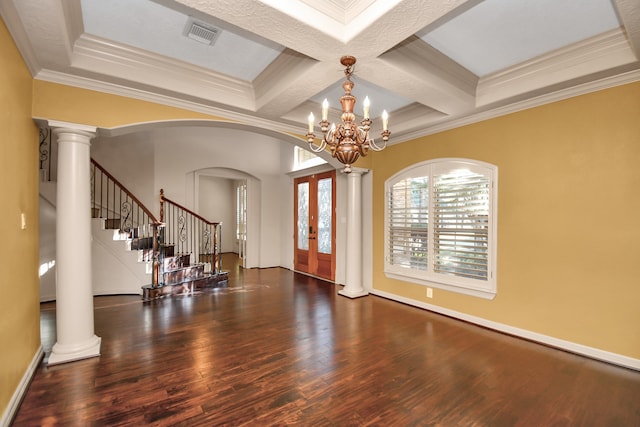 entryway with crown molding, dark hardwood / wood-style floors, beamed ceiling, french doors, and coffered ceiling