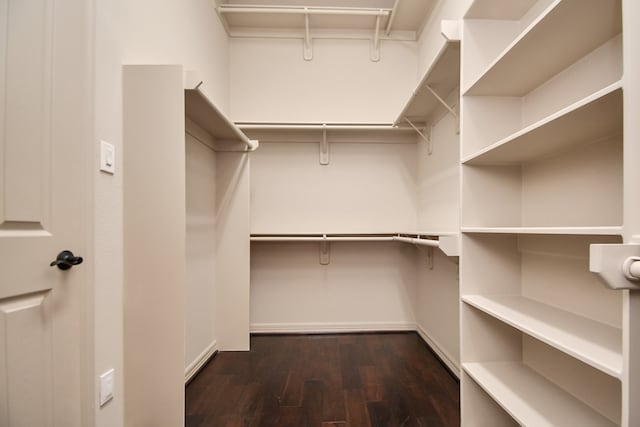 walk in closet with dark hardwood / wood-style floors