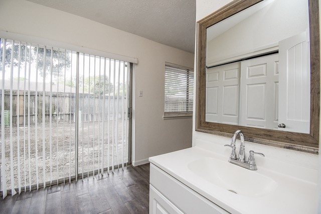 bathroom featuring vanity, lofted ceiling, a textured ceiling, and wood-type flooring