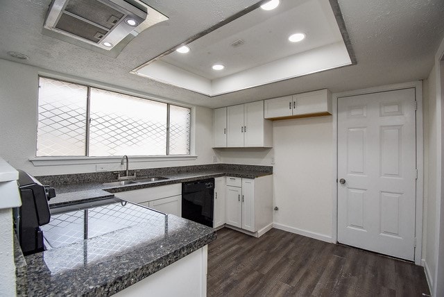 kitchen with sink, dishwasher, a raised ceiling, white cabinetry, and dark hardwood / wood-style floors