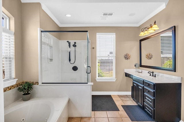 bathroom with vanity, ornamental molding, plus walk in shower, and tile patterned floors