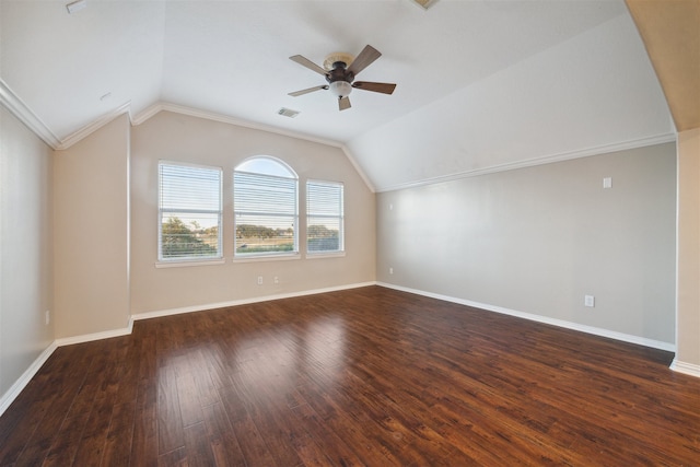 bonus room with ceiling fan, lofted ceiling, and dark hardwood / wood-style floors