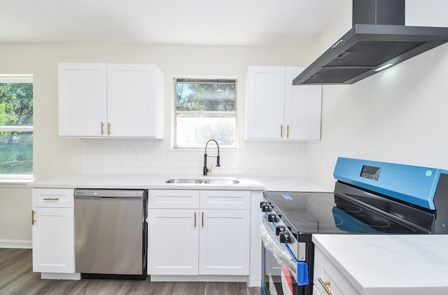 kitchen featuring sink, ventilation hood, white cabinets, and appliances with stainless steel finishes