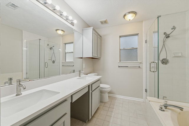 full bathroom with toilet, vanity, and separate shower and tub