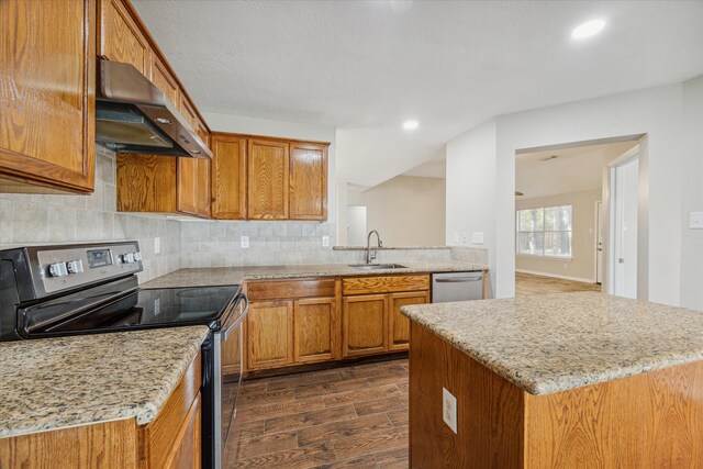 kitchen with black range with electric cooktop, light stone counters, dark hardwood / wood-style floors, decorative backsplash, and sink