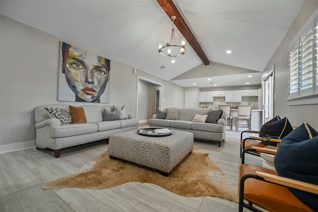 living room featuring vaulted ceiling with beams and a chandelier