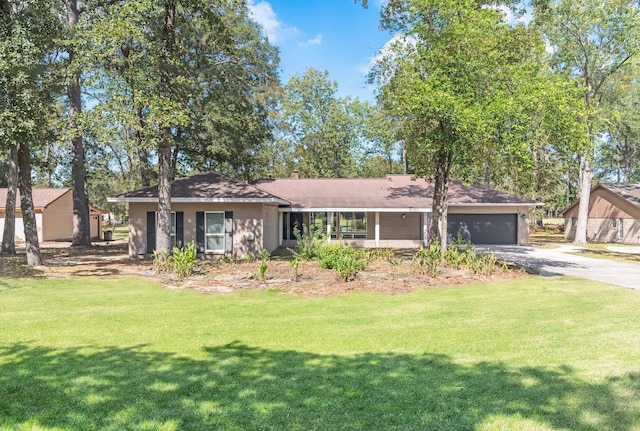 ranch-style house with a front lawn and a garage