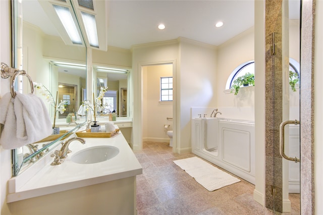 bathroom featuring vanity, toilet, a bathing tub, and ornamental molding