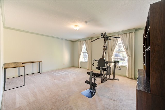 exercise room with a textured ceiling, light colored carpet, and ornamental molding