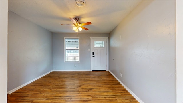 entryway featuring hardwood / wood-style flooring and ceiling fan