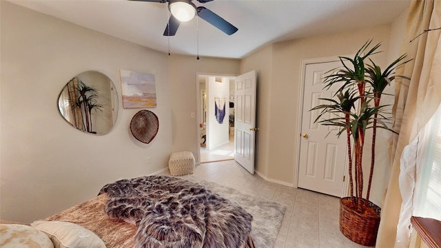 bedroom with light tile patterned flooring and ceiling fan