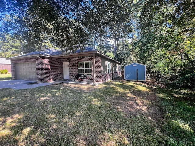 ranch-style house featuring a front yard, a shed, and a garage