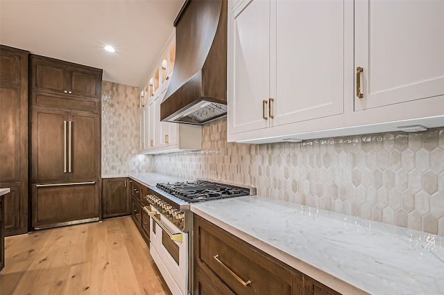 kitchen featuring premium appliances, custom range hood, light stone counters, decorative backsplash, and light hardwood / wood-style flooring