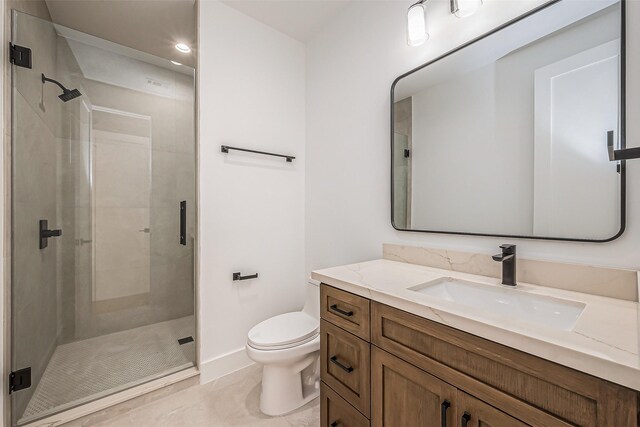 bathroom featuring toilet, baseboards, recessed lighting, and a shower stall
