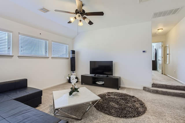 living room with light carpet and ceiling fan