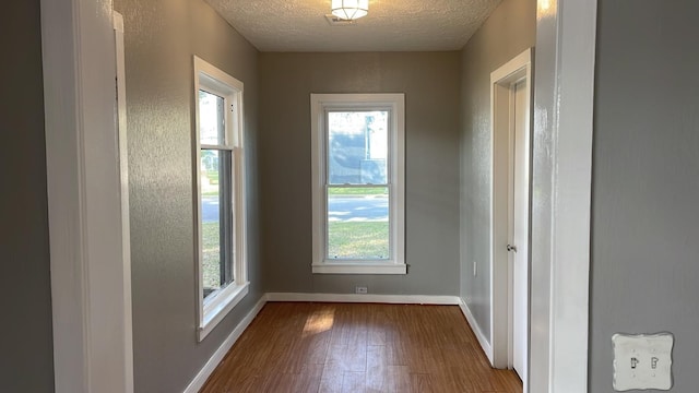 entryway with a textured ceiling, wood-type flooring, and a wealth of natural light