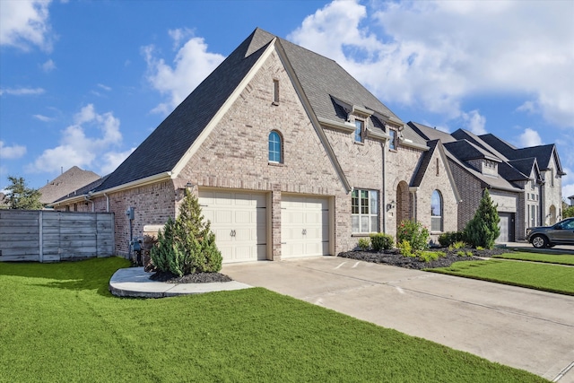 view of front of property featuring a front lawn and a garage