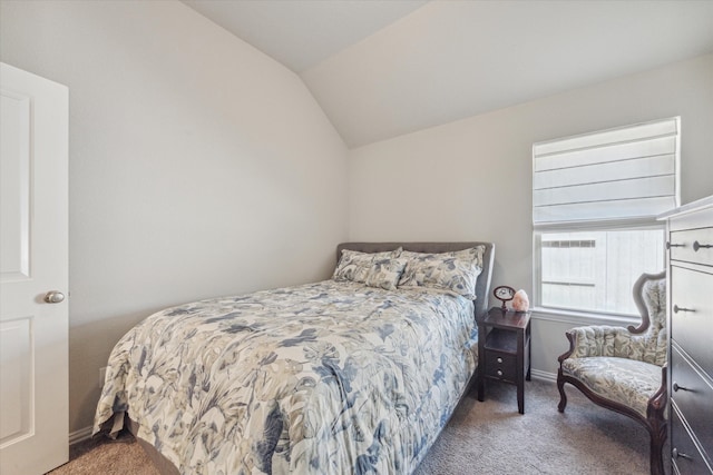 bedroom with lofted ceiling and carpet floors