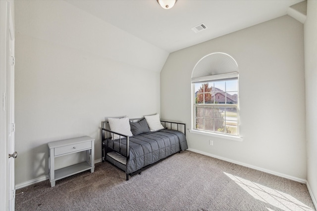 living area featuring carpet flooring and vaulted ceiling