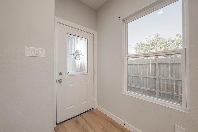 entryway featuring a wealth of natural light and light hardwood / wood-style flooring