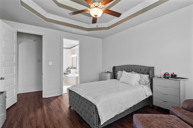 bedroom featuring dark wood-type flooring, ceiling fan, and ornamental molding