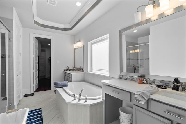 bathroom with vanity, separate shower and tub, and tile patterned flooring