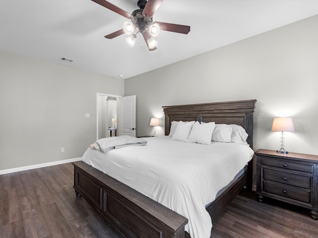 bedroom featuring dark wood-type flooring and ceiling fan