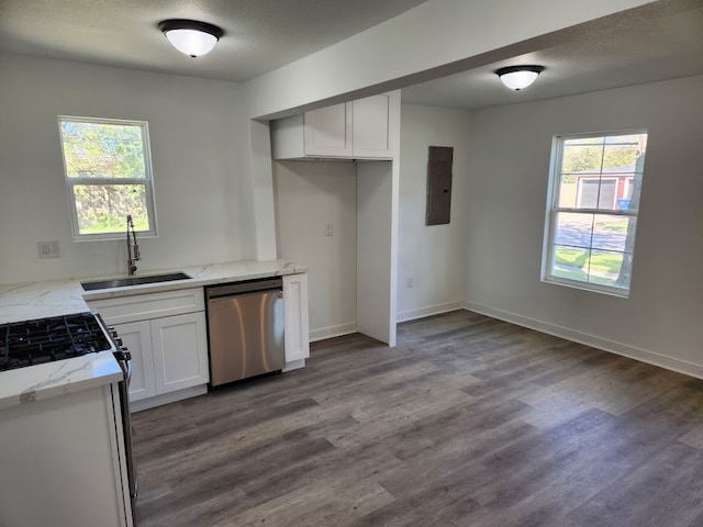 kitchen with stainless steel dishwasher, sink, white cabinetry, and plenty of natural light