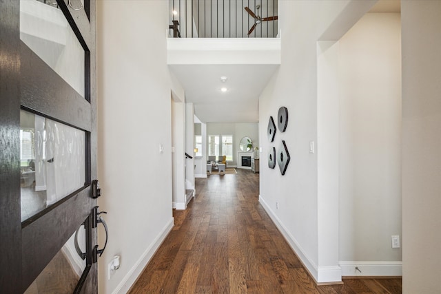 entryway with hardwood / wood-style flooring and a towering ceiling