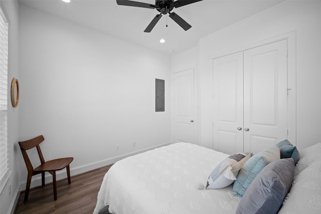 bedroom with dark wood-type flooring, electric panel, a closet, and ceiling fan