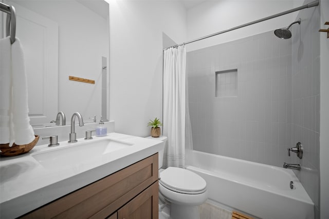 full bathroom featuring vanity, toilet, and shower / bathtub combination with curtain