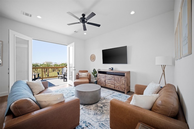 22831 Cuadro St, Galveston, TX 77554 - living area with ceiling fan, recessed lighting, baseboards, and wood finished floors