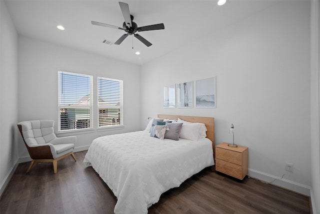 22831 Cuadro St, Galveston, TX 77554 - bedroom featuring baseboards, dark wood-type flooring, recessed lighting, and ceiling fan