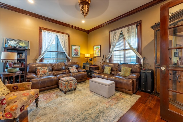 living room featuring ornamental molding, a ceiling fan, recessed lighting, and dark wood-type flooring